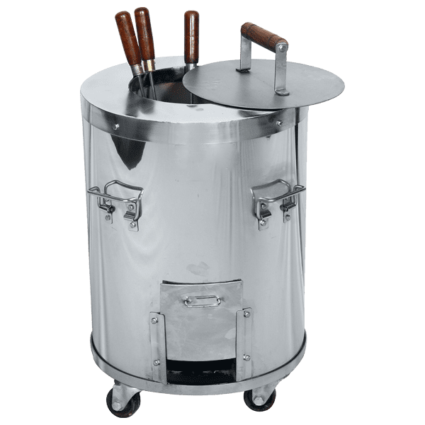 Home-Tandoor-1.png Stainless Steel Round Tandoor with Wheel and SS Top - Image 1
